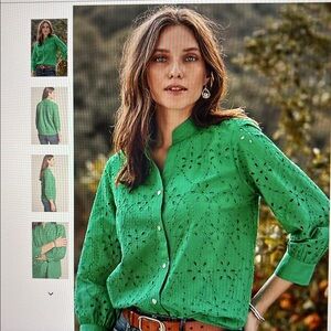 J Jill Size XL Green Eyelet Button Front Top